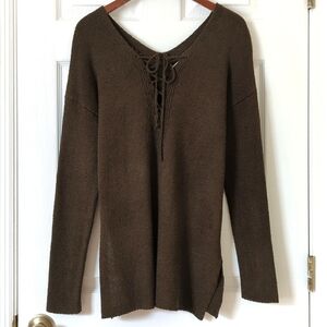 ASTR The Label Classic Knit Oversized Lace Up V-neck Peasant Sweater Dark Olive